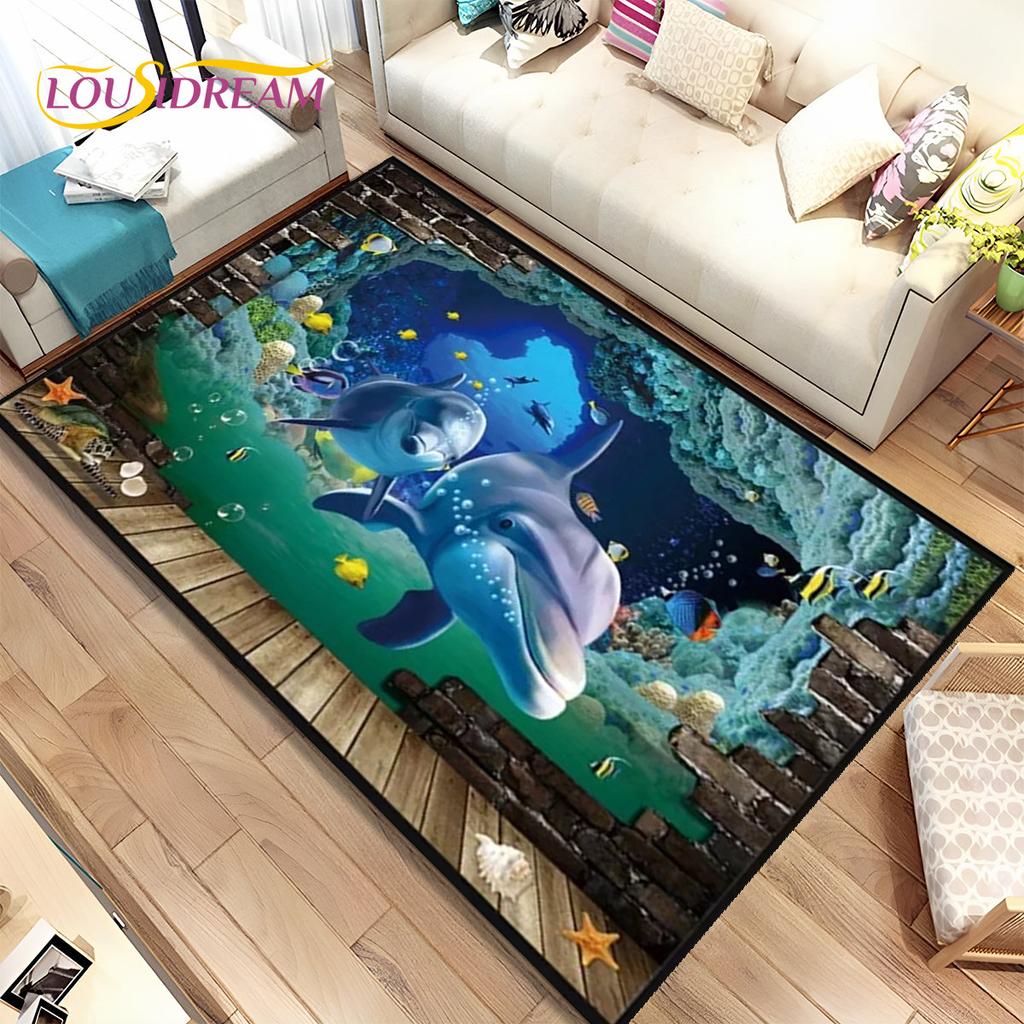 3D-Illusion, Meeresboden, Unterwasserwelt, Delfin, Hai, Teppich, Teppich für Wohnzimmer, Schlafzimmer, Sofa, Fußmatte, rutschfeste Bodenmatte