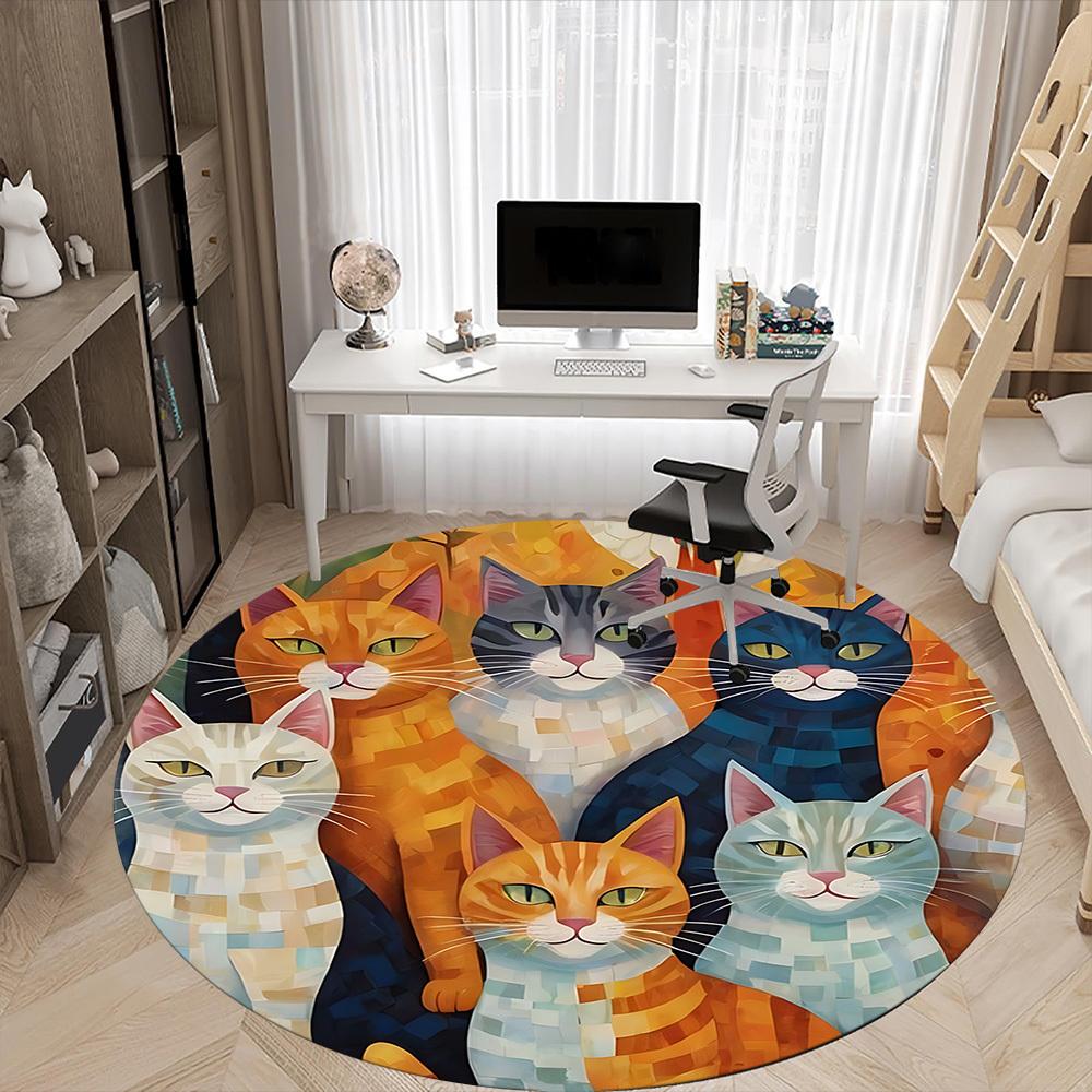 1PC Cat Family Office Round Area Rug, Indoor Mat Suitable ForOffice, Under Office Chairs Bedroom Living Room Home Decor, Room Deco f003
