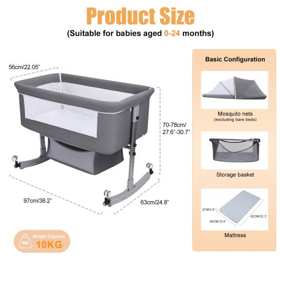 Baby Bedside Crib, Bassinet with Large Curvature Cradle, Height Adjustable Bedside Bassinet, Movable Beside Bassinet with Mosquito Net (Grey)