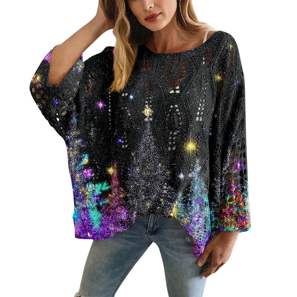 XY-LK01-Pullover hollow blouse 3D printed sweater spring and summer new