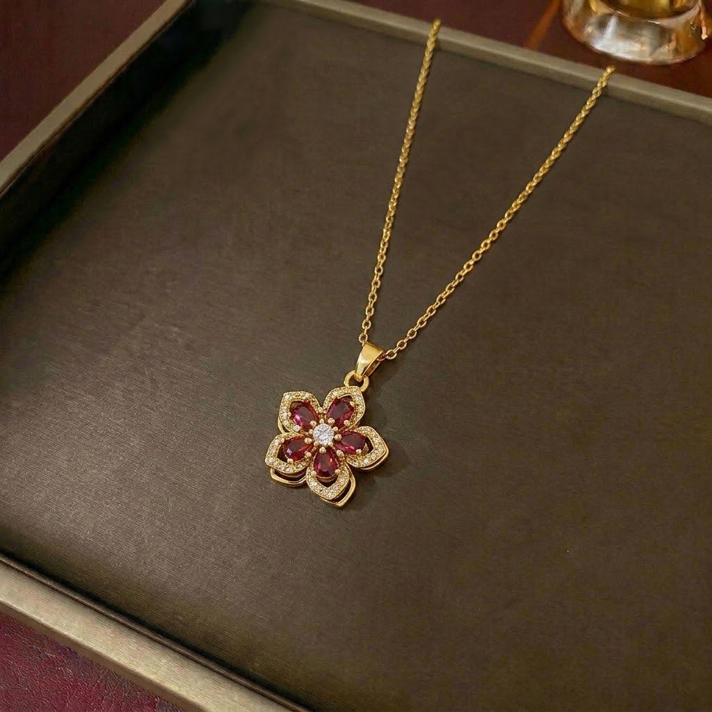 Bauhinia Zircon Flower Necklace for Women - European & American Style, 360° Rotatable Five-Petal Design