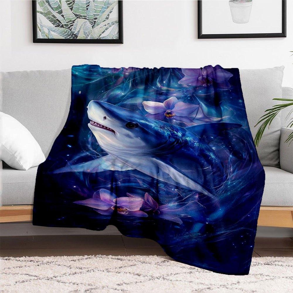 "Enchanted Ocean: Mystical Shark Art Print"Blanket Flannel Throw Blanket for Sofa, Bed, Travel, Camping, Office, Couch, Chair, And Bed Gift