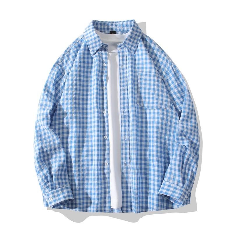 Mens Plaid Loose Long Sleeve Casual Thin Shirt Outerwear