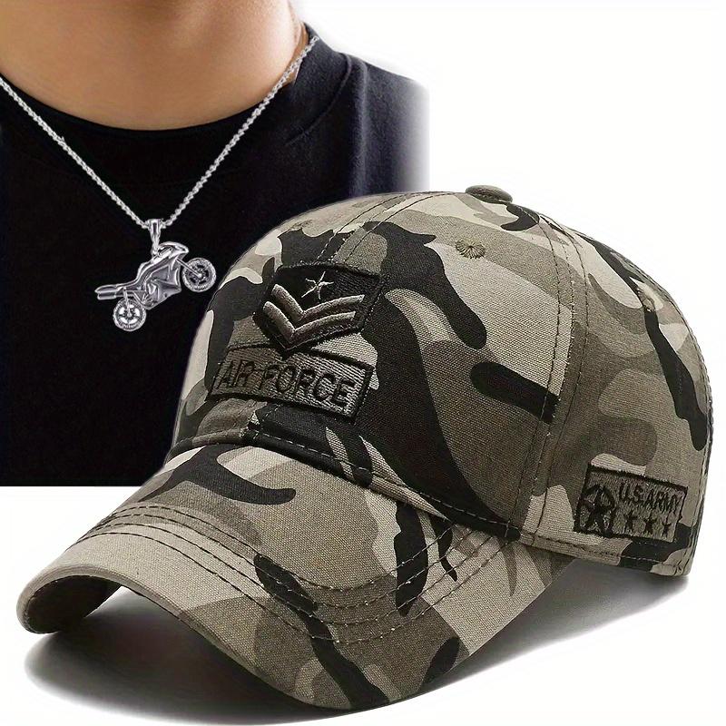 2pcs Men's Baseball Cap Necklace Set Sun Hat Mesh Cap Motorbike Pendant Necklace Fashion Leisure Net Red Camouflage Military Cap
