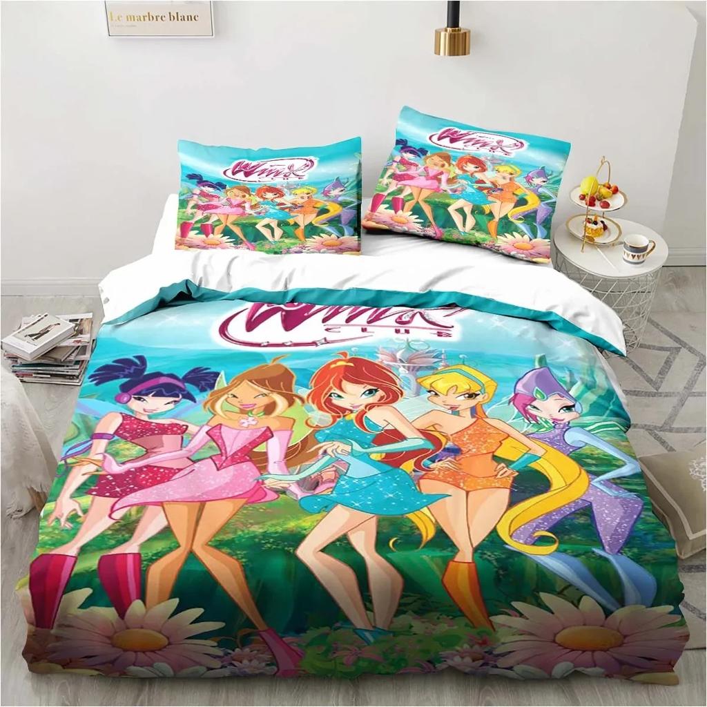 Set di biancheria da letto Kawaii Anime Winx Letto a tre pezzi Singolo Doppio King Size Set di letto per adulti e bambini Set copripiumino per bambini Regalo per bambini