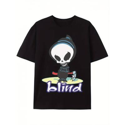 Europäische Größen Herren Surfen mit verbundenen Augen Totenkopf & „Blind“ Grafik T-Shirt - Weiches Lässiges Sommer-T-Shirt, Kurzarm Rundhals Schwarzes Oberteil für Freizeitkleidung
