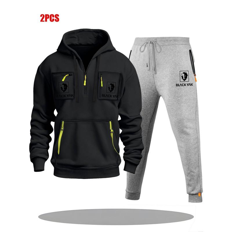 Mens Hoodie Sweatshirt Set Solid Color Multi-Zipper Pockets Casual Wear