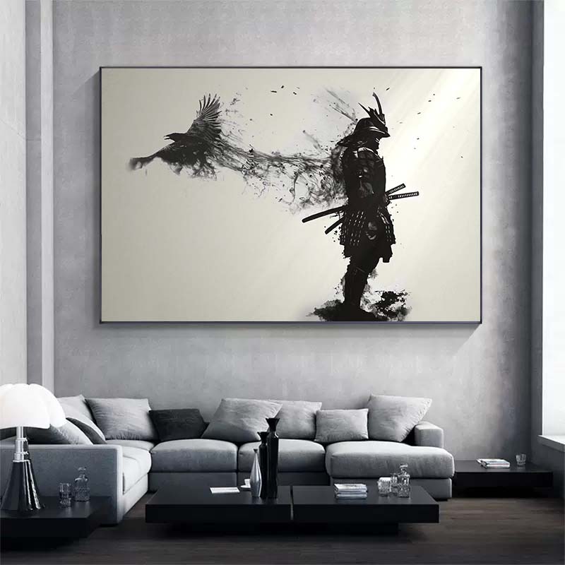 

Японский черный самурай с вороном, постеры и печать, черно-белая настенная живопись на холсте для гостиной, декор Cuadros 21*30cm No Frame
