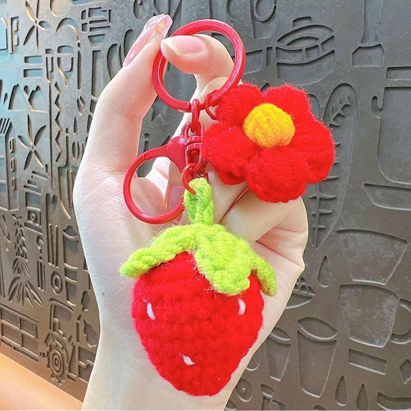 Cute Hand Woven Woolen Strawberry Flower Keychain Car Key Jewelry Pendant Women's Bag Decoration for Girls Gift