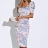 New Spring Style Elegant Printed Dress Fashionable Square Collar Sexy Hip-cover Dress