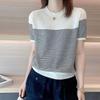 Women Summer T Shirt Vintage Striped Short Sleeve Tee Korean Fashion Round Neck Patchwork Tunics Casual Knitted Tops