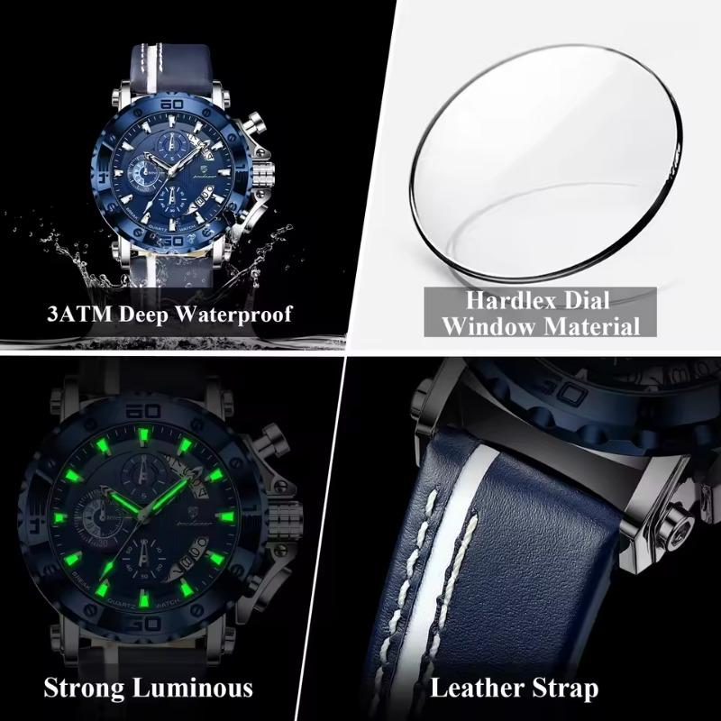 POEDAGAR Sportuhren für Herren Wasserdicht Leuchtend Datum Uhr Chronograph Leder Quarz Funktionell Armbanduhr Reloj