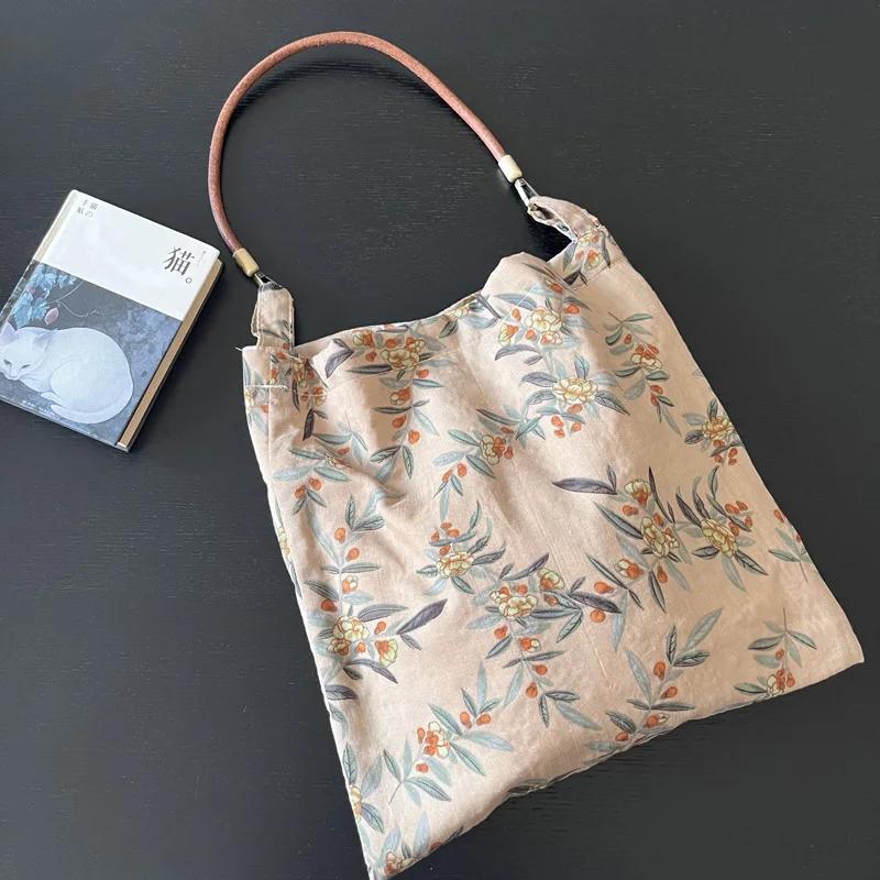 Retro Elegant Flower Women's Shoulder Bag Thin Cott Cloth Ladies Travel Shopping Bags Large Capacity Female Underarm Handbags