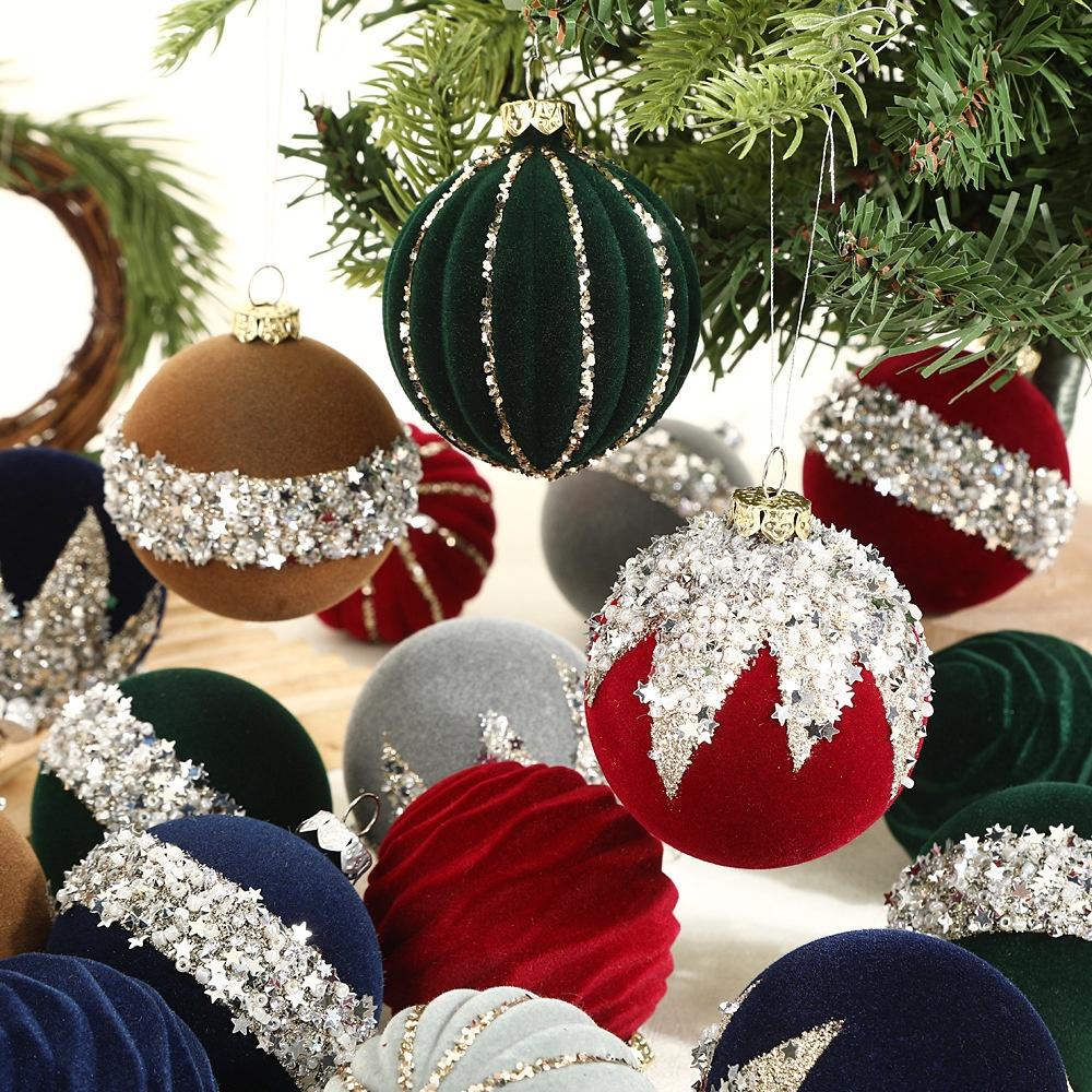 Flocked Velvet Ornaments Exquisite Christmas Ball Ornaments Velvet Christmas Ball Soft-Touch Glitter Sequin Decorations