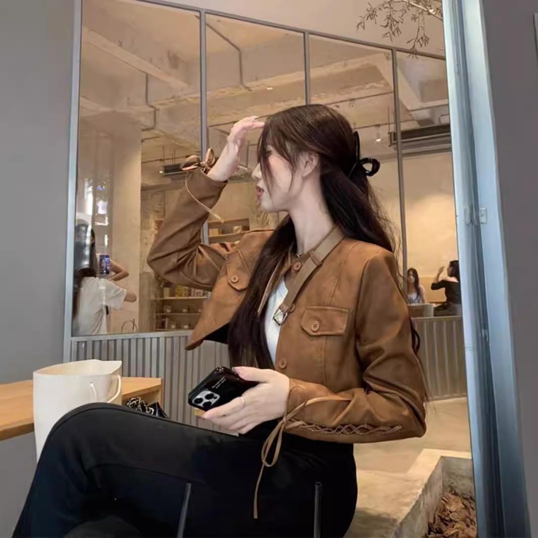 

Ретро кожаная куртка для женщин на осень новый дизайн маленький короткий свободный мотоциклетный костюм куртка с длинными рукавами 2XL