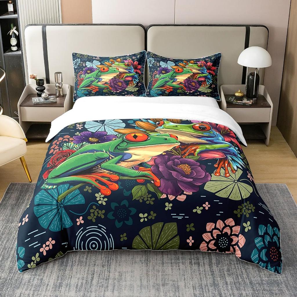 Frog And Lotus Leaf Duvet Cover Sets For Kids Boys Girls Lightweight Quilt Covers Green Animals Themed Bedding Set Bedroom Decor