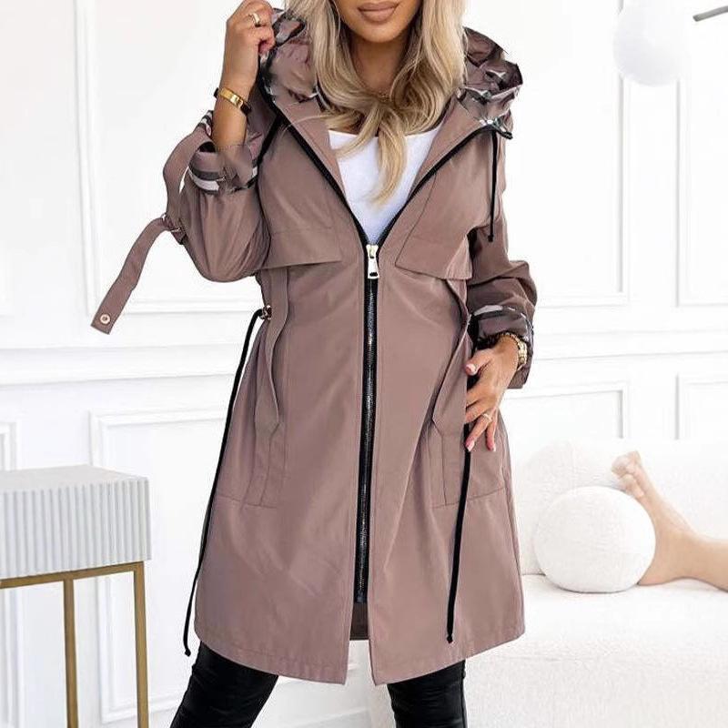 Fashion Trench Coat Woman Autumn Winter Solid Color Versatile Casual Street Style Cardigan Long-sleeved Hooded Plaid Outerwears