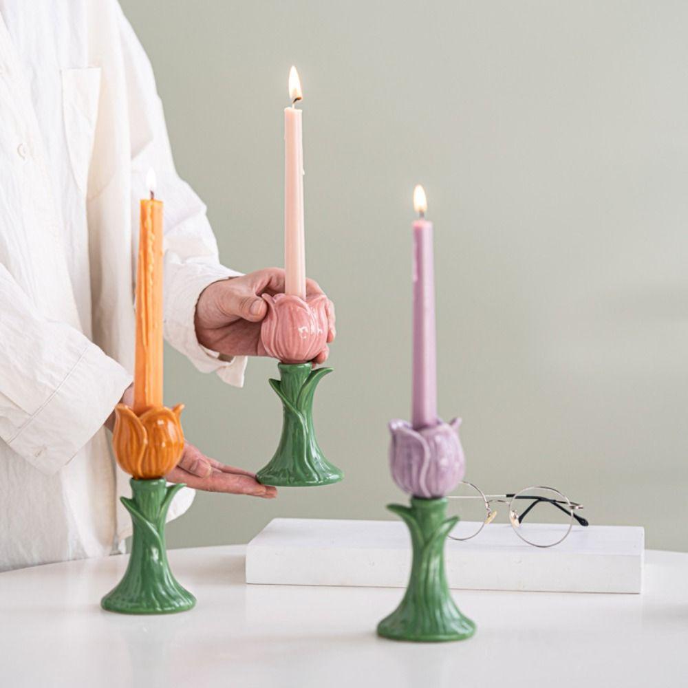 Nordic Style Tulip Candle Holder Simple Design Geometric Art Flower-shaped Candlestick Handmade Decorative