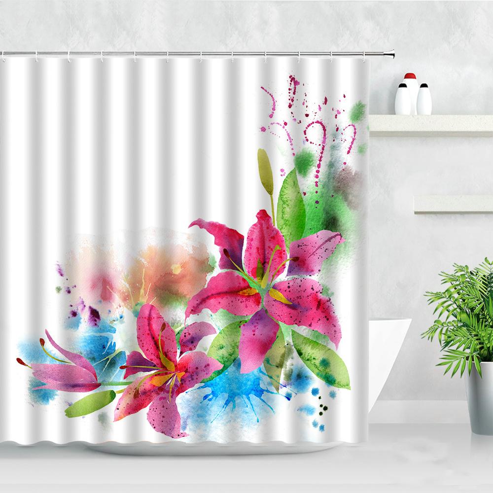 Butterfly Flower Shower Curtain Watercolor Plant Printed Bathroom Curtain Pretty Wildflower Pattern Bath Curtain With Hooks