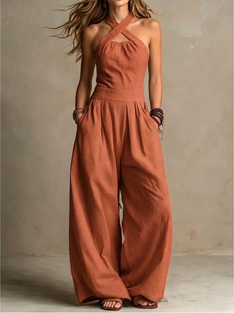 2026 summer new neck cross jumpsuit, European and American style waist back wide-leg pants, cross-border women's clothing