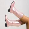 Fashion Pink Embroider Cowboy Boots for Women 2025 Autumn Winter Chunky Heels Mid Calf Western Knight Boots Woman Pointed Toe Tube Botas