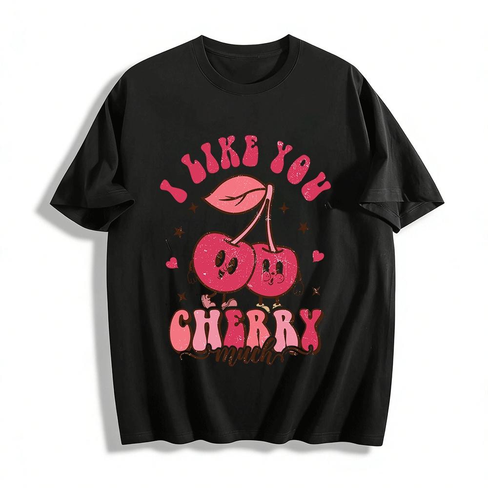 

Vintage Cherry Print Tee I Like You Cherry Much Casual Top Pure cotton T-shirt XXS