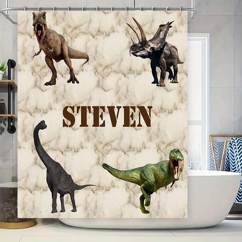 

Personalized Dinosaurs Shower Curtain Custom Name Bathroom Decor Jurassic World Inspired Animal Print for Kids Bath Mat Set Size W90XH180cm