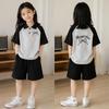 Girls' Korean Style Short-Sleeve Lapel T-Shirt and Patchwork POLO Shirt Set – Summer Casual Two-Piece Outfit for Medium & Large Children