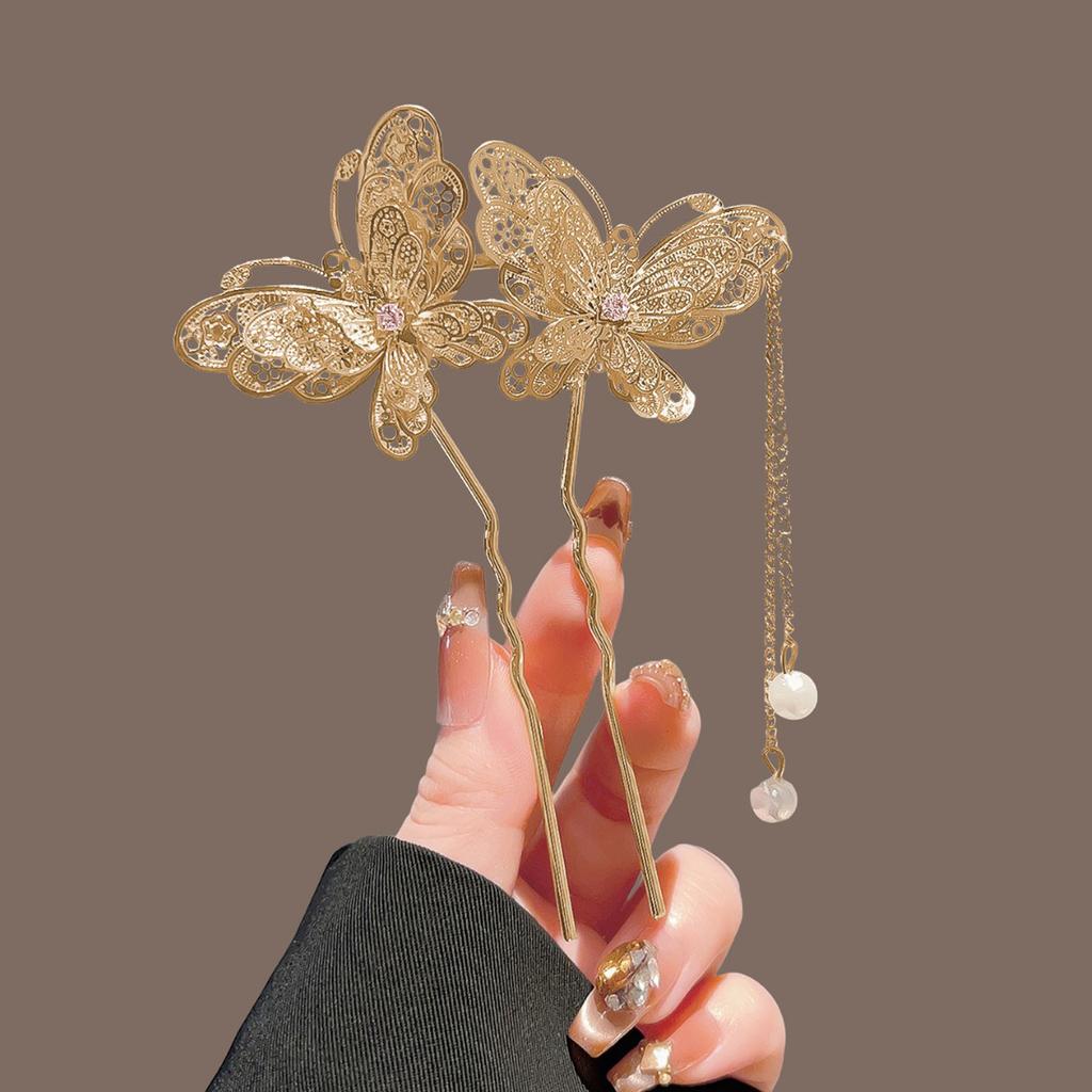 New Chinese Style Metal U-Shaped Butterfly Tassel Hair Stick For Women Elegant Simulated Pearl Hairpin Hair Accessories Gift