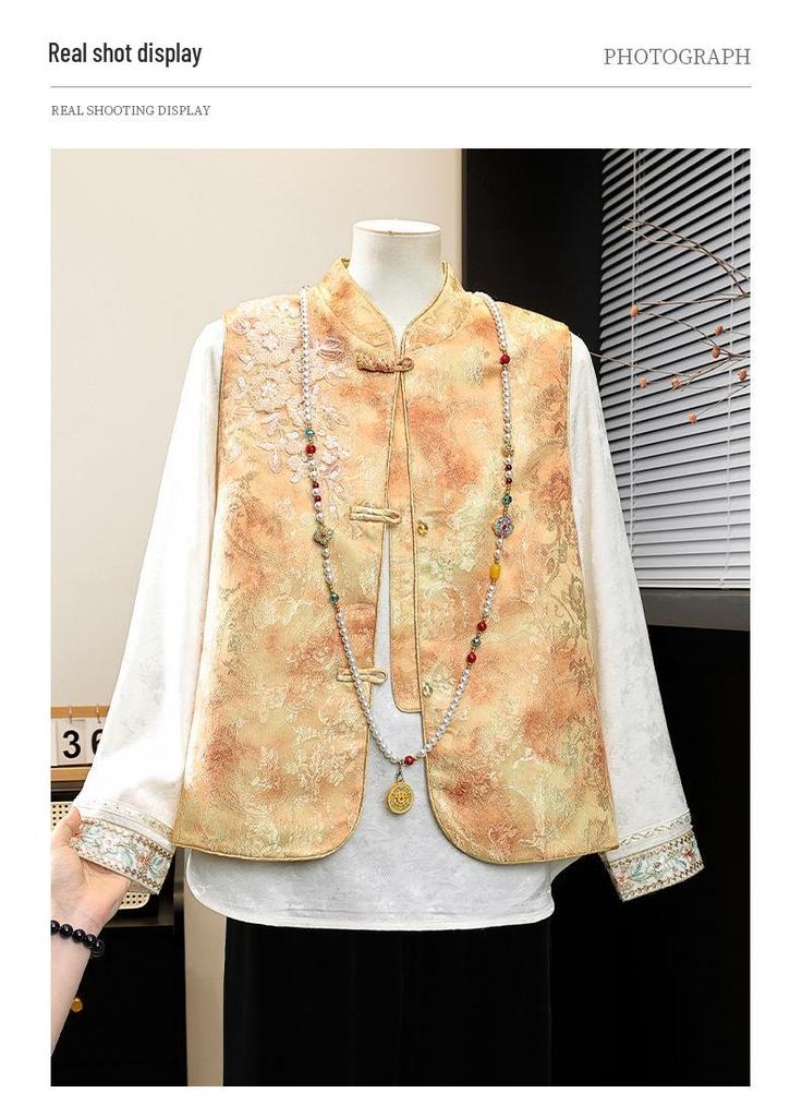 Frühlings-Damen-Zweiteiler im chinesischen Stil mit Froschknöpfen und besticktem Jacquard-Weste