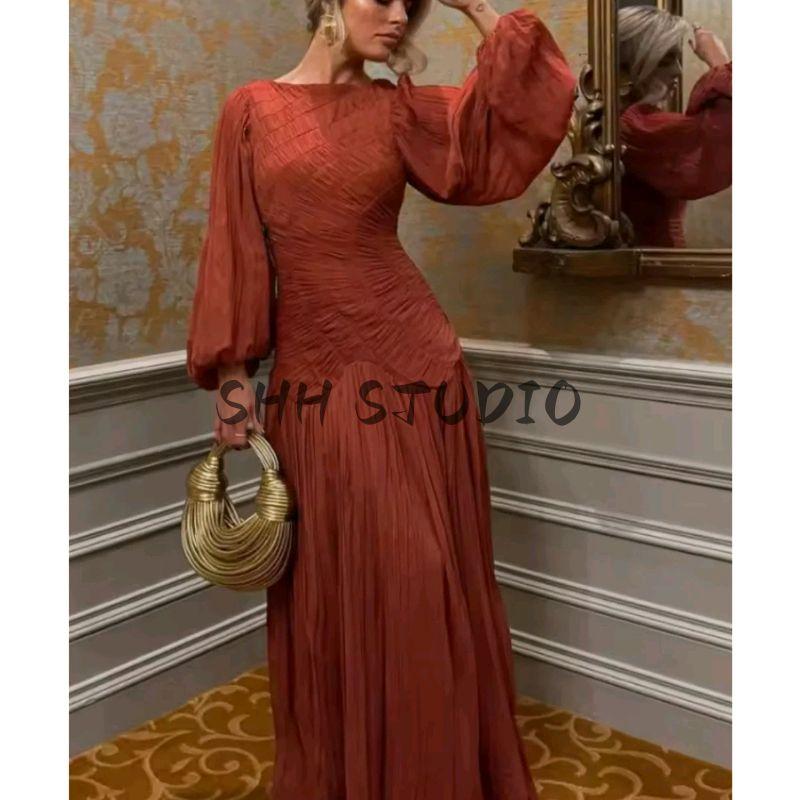 Summer New Arrival Women's Clothing Fashion Style Fashion All-Matching Temperament Leisure Pleating Long Sleeves round-Neck High Waist Dress