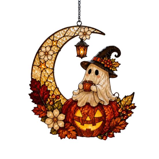 Farmhouse Exterior Ornament 2D Ghost Moon Pumpkin Acrylic Suncatcher, Halloween Window Hanging Ornament, Autumn Thanksgiving Garden Yard Wall