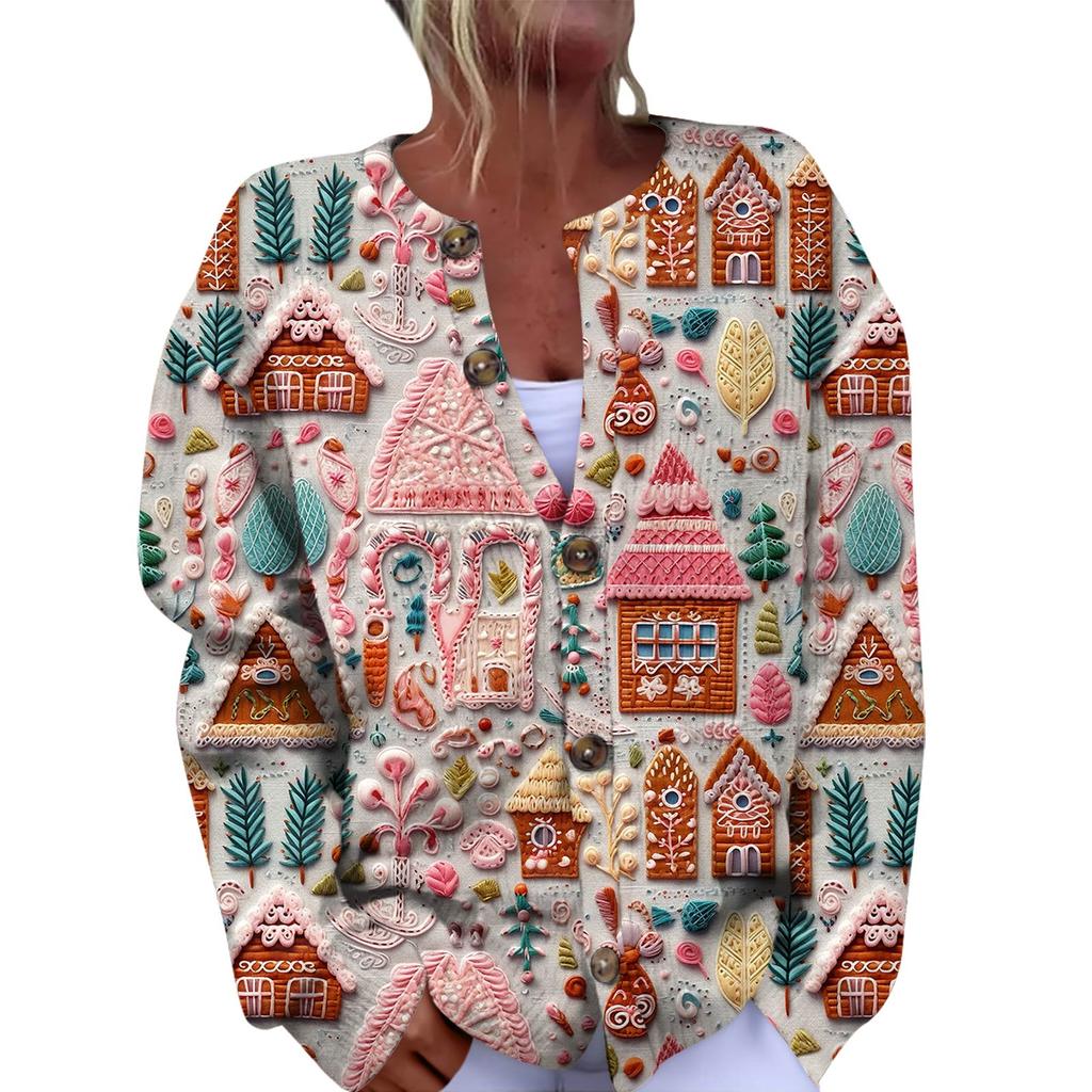 Women's Fashion Christmas Printed Long Sleeve Knitted Cardigan Button Down Jacket
