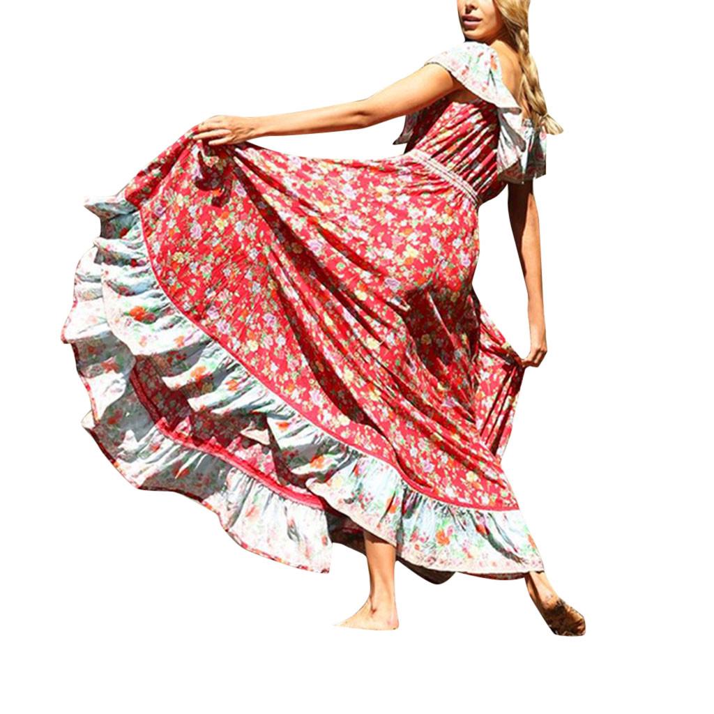 Women's Summer Bohemian Printed Waist V-Collar Chiffon Beach Long Dresses