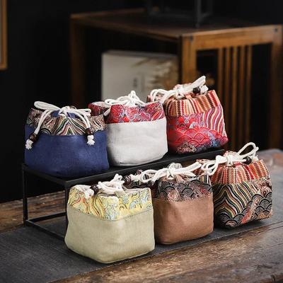 Bolsa de Almacenamiento para Vajilla Vintage Viaje al Aire Libre Tazas de Té de Cerámica Bolsas de Tela con Cordón de Algodón y Lino Accesorios para Té Kung Fu