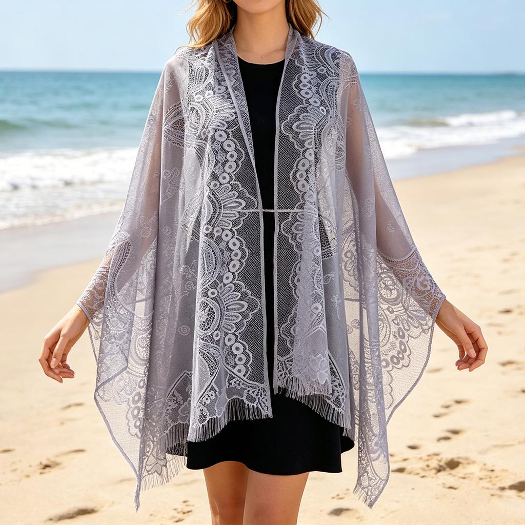 Women's Lace Shawl Fringe Cover Up Hollow Out Sheer Poncho Sun Protection Wrap for Travel Beach Holiday