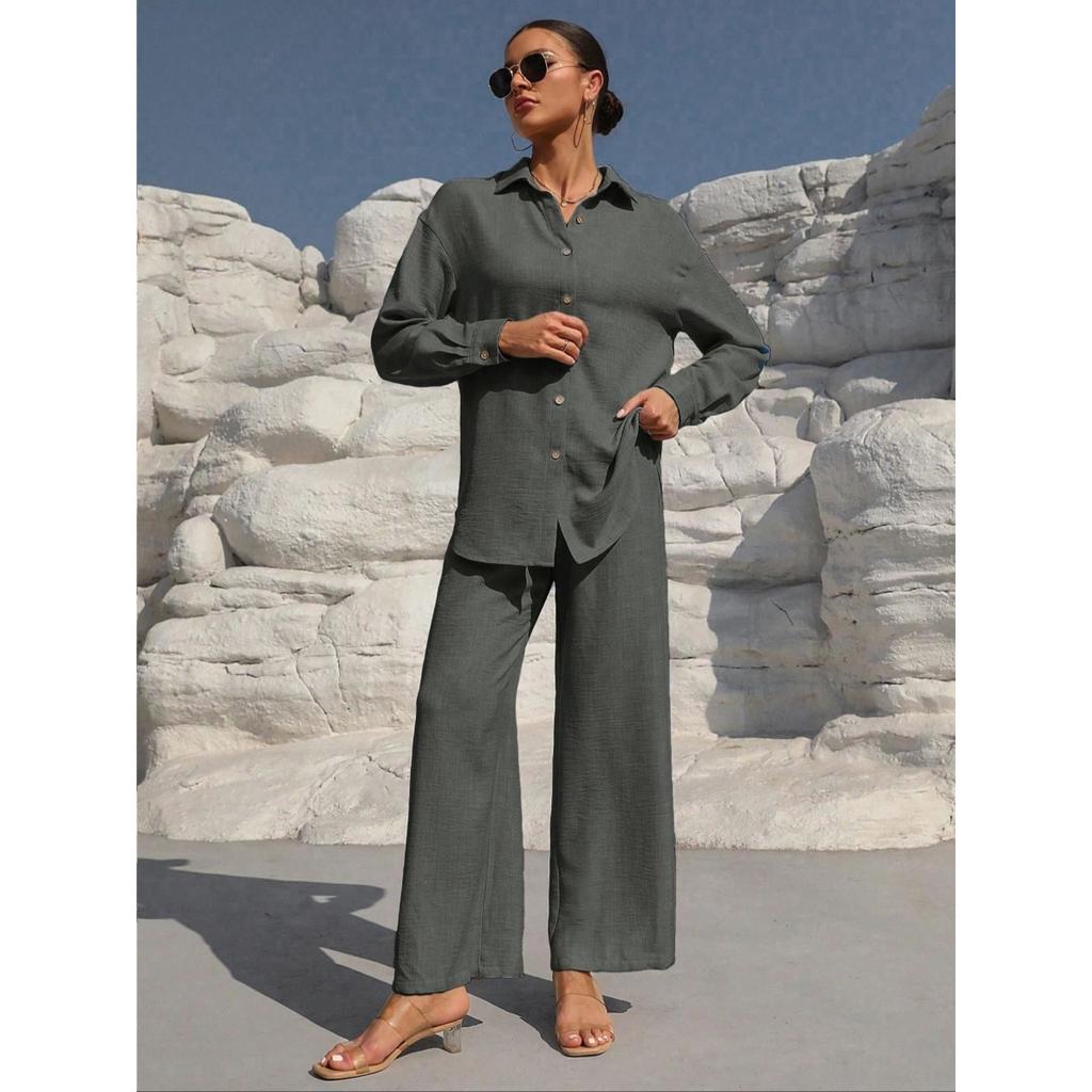 Beach Vacation Solid Color Loose Casual Shirt Skirt Two-piece Suit Women Spring and Summer