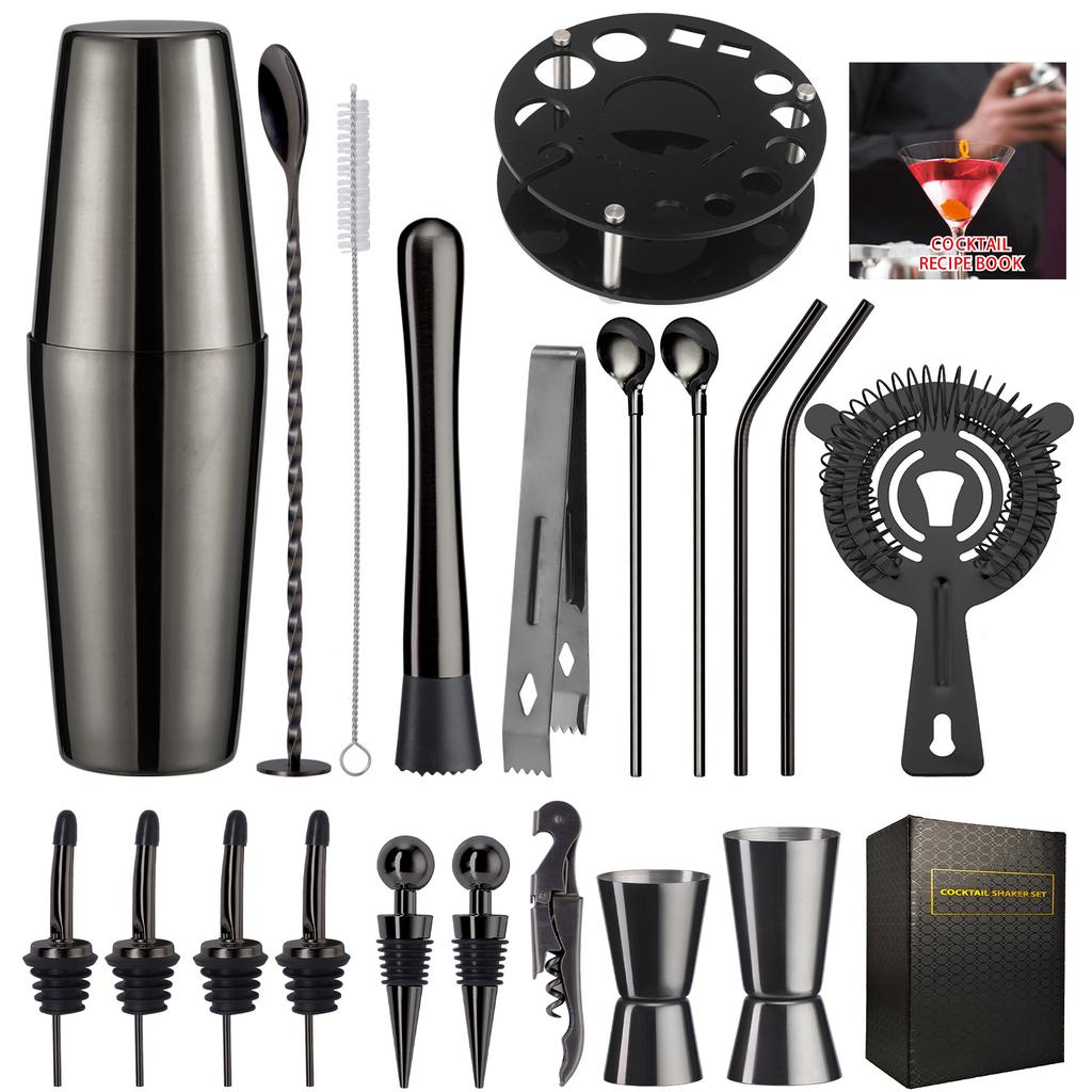 Rotating Round Black Acrylic Snow Cup Set Anti-Drop Cocktail Shaker Bar Tools 20-Piece Set