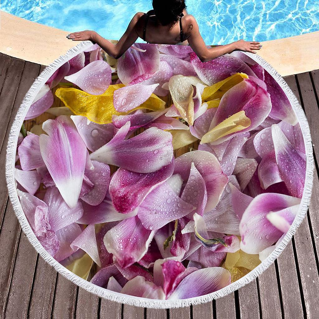 Floral Petal Print Round Beach Towel with Tassels Sand Free Quick Dry Circle Bath Towel Soft Absorbent Meditation Rug Yoga Mat