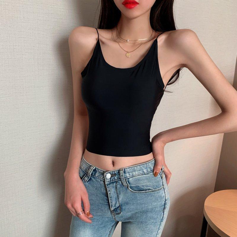 

Летний женский сексуальный жилет-камисоль, женский бесшовный топ из ледяного шелка с открытой спиной, вырезанный наружу, с подушкой на груди, майки One Size чёрный