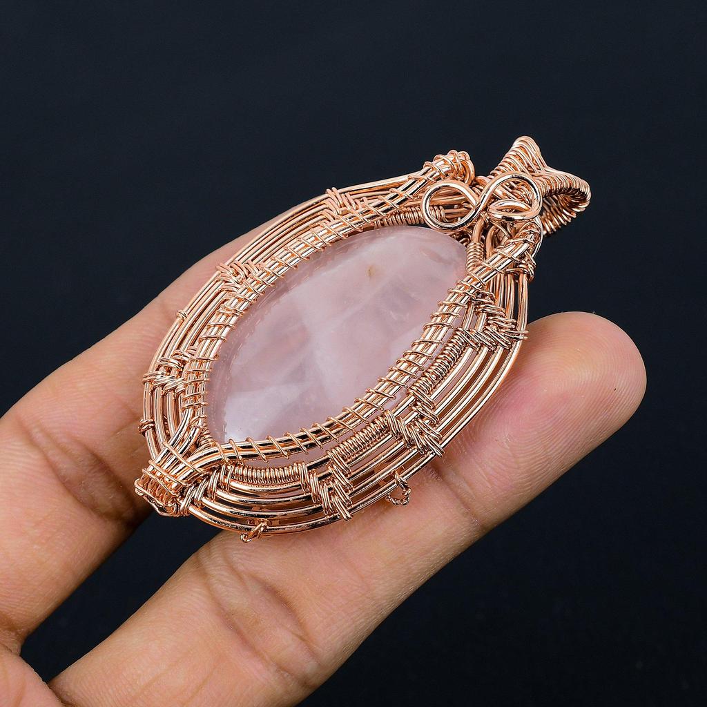 Rose Quartz Jewelry, 999 Copper Wire Wrapped Pendant Handmade Gemstone Jewelry, Gifts For Wife Brand New Pendant