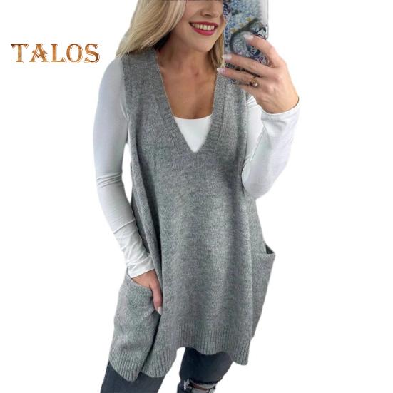 

Женский свитер с V-образным вырезом, без рукавов, однотонный вязаный жилет с карманами, ребристая отделка, свободный крой, средняя длина, повседневный трикотаж S серый