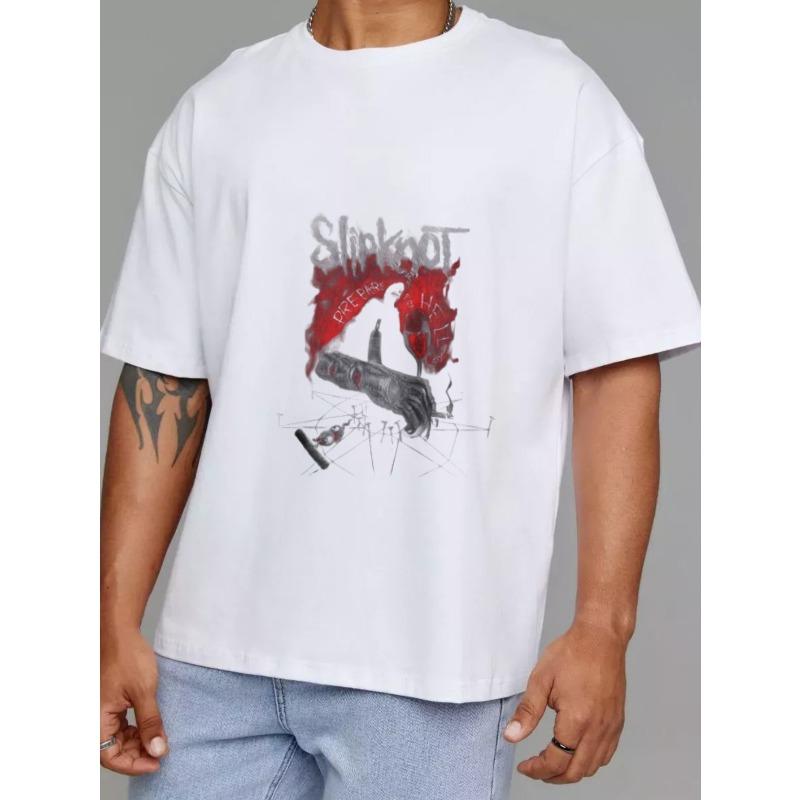 White T-Shirt with Slipknot Logo and Red Black Graphic Design for Music Fans and Casual Wear