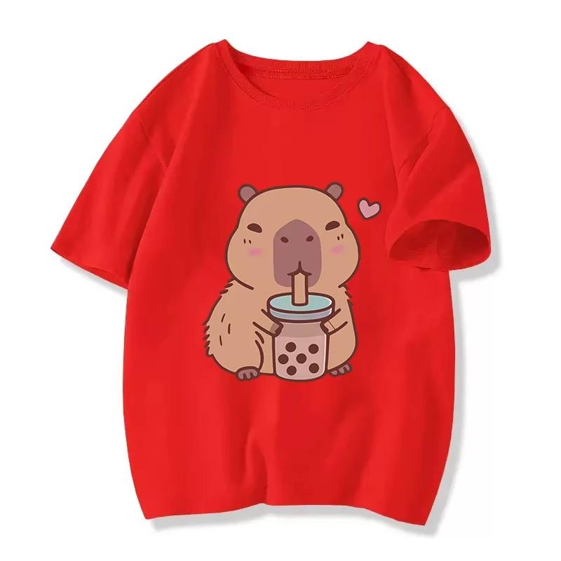 Funny T Shirt Capybara with Turtle Loves Bubble Milk Tea Printed T Shirt Girls/Boys Kawaii Kids Clothes Harajuku Shirt Tops