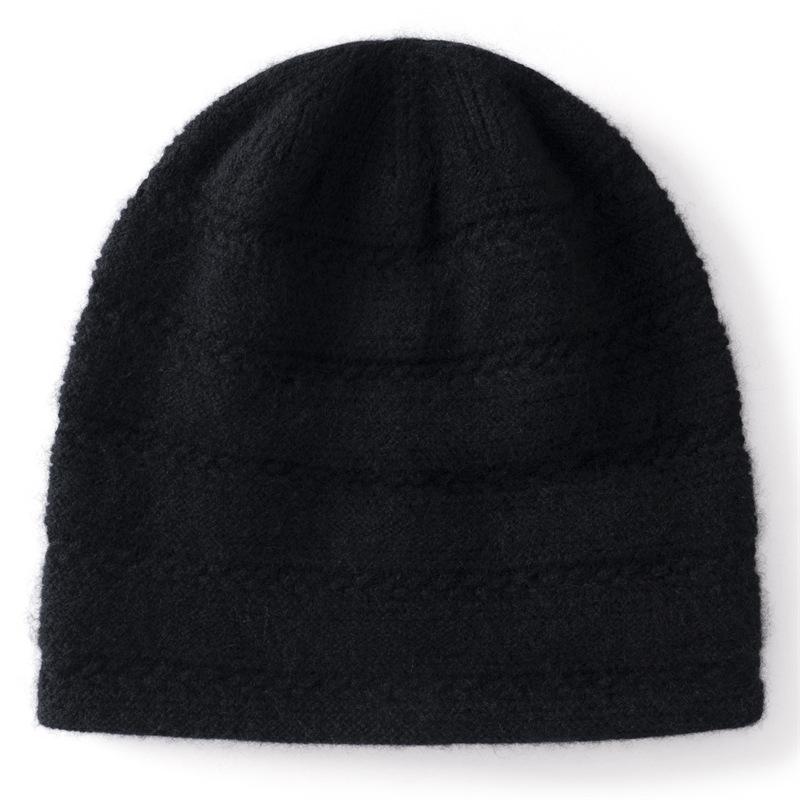 Soft waxy cashmere, autumn and winter new women's solid color jacquard crimped headhat, warm ear protection knitted hat