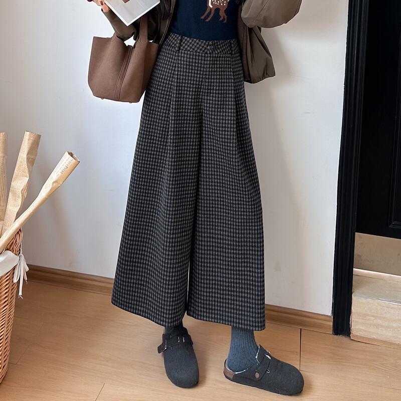 Bailuyu High-Waist Wide-Leg Plaid Casual Pants L