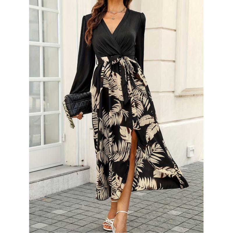 

Amazon Осень и Зима Воланы Длинные Рукава Принт Молодые Листья Платье-Комбинация Облегающее Талию Стройнящее Отпуск Женщины Black XS