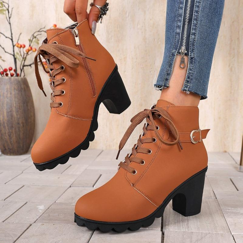 Women's Wide Width Round Toe Ankle Boots - Lace-Up High Heel Martin Boots for Fall/Winter, Fashion Casual Boots