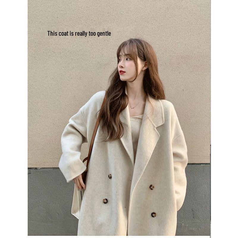 Women's Mid-Length Wool Blend Coat - Autumn/Winter, Over-the-Knee, Cotton-Padded, Double-Breasted, Loose Fit, Straight Cut, Thick Windbreaker.