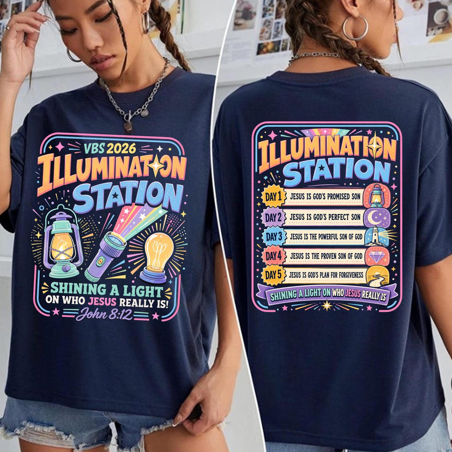 Christian Vbs 2026 Shirt, Illumination Station Christian Tee, Shining A Light On Who Jesus Really is Easter Church Shirt, Summer Bible Camp 2XL